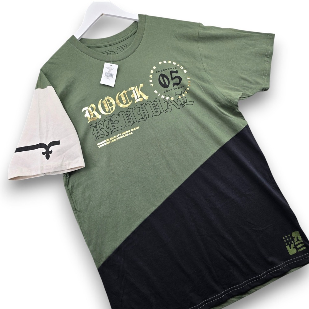 Rock Revival Mens LG Theo SS T Shirt Olive Black Colorblock Cotton Graphic Tee